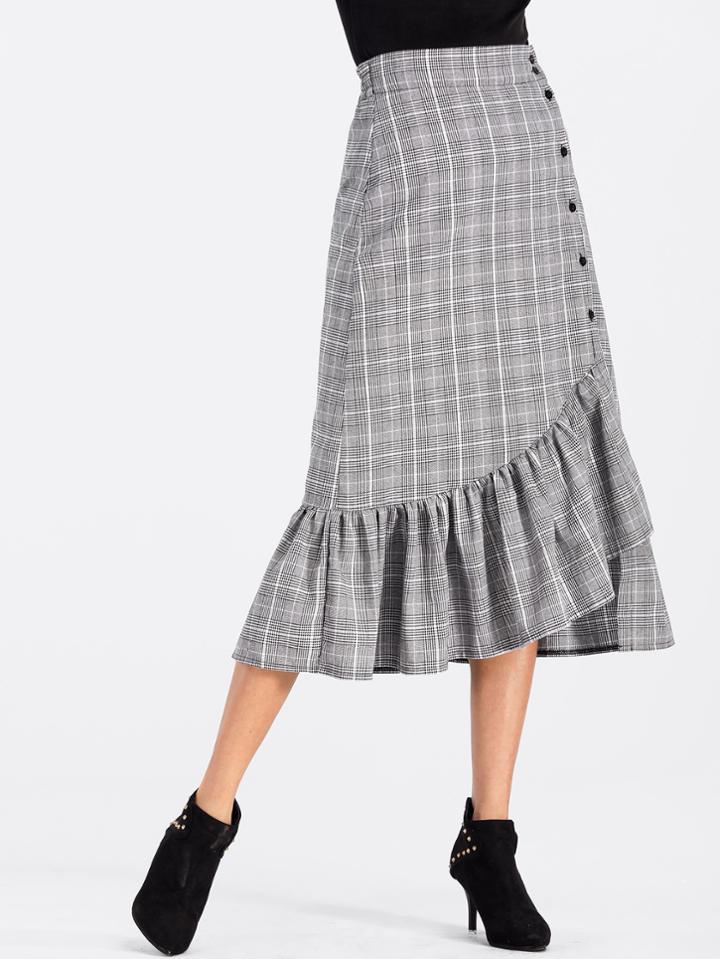 Romwe Glen Plaid Flounce Hem Button Up Skirt