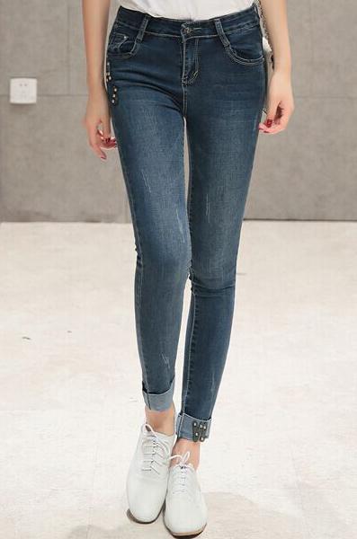 Romwe With Rivet Cuffed Denim Pant