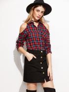 Romwe Red Plaid Open Shoulder Dip Hem Blouse