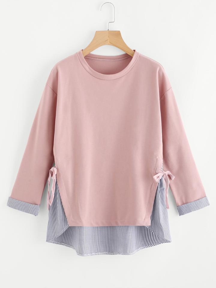 Romwe Contrast Striped Dip Hem Self Tie Cuffed Sweatshirt