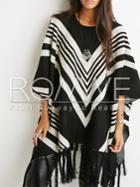 Romwe Black White Batwing Sleeve Tassel Sweater