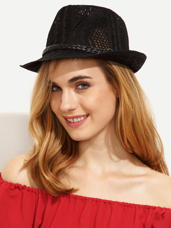 Romwe Black Braided Strap Trim Hollow Fedora Hat
