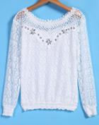 Romwe Hollow Rhinestone Lace Blouse