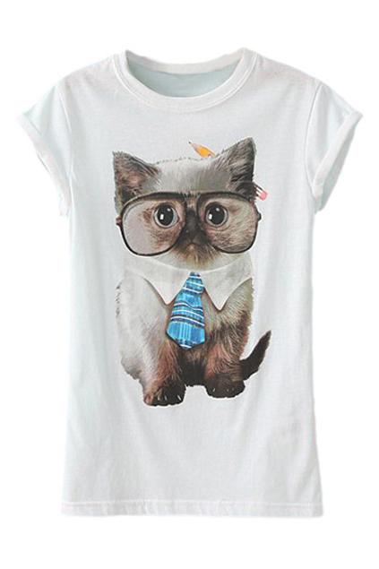 Romwe Romwe Cat Print Loose White T-shirt
