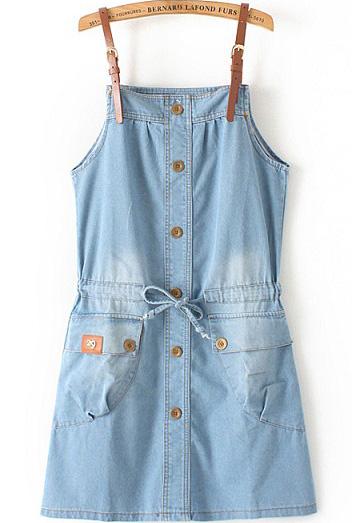 Romwe Straps With Buttons Drawstring Denim Pale Blue Dress