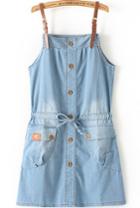 Romwe Straps With Buttons Drawstring Denim Pale Blue Dress