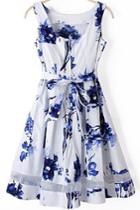 Romwe Scoop Neck With Belt Pastel Floral Print Dress