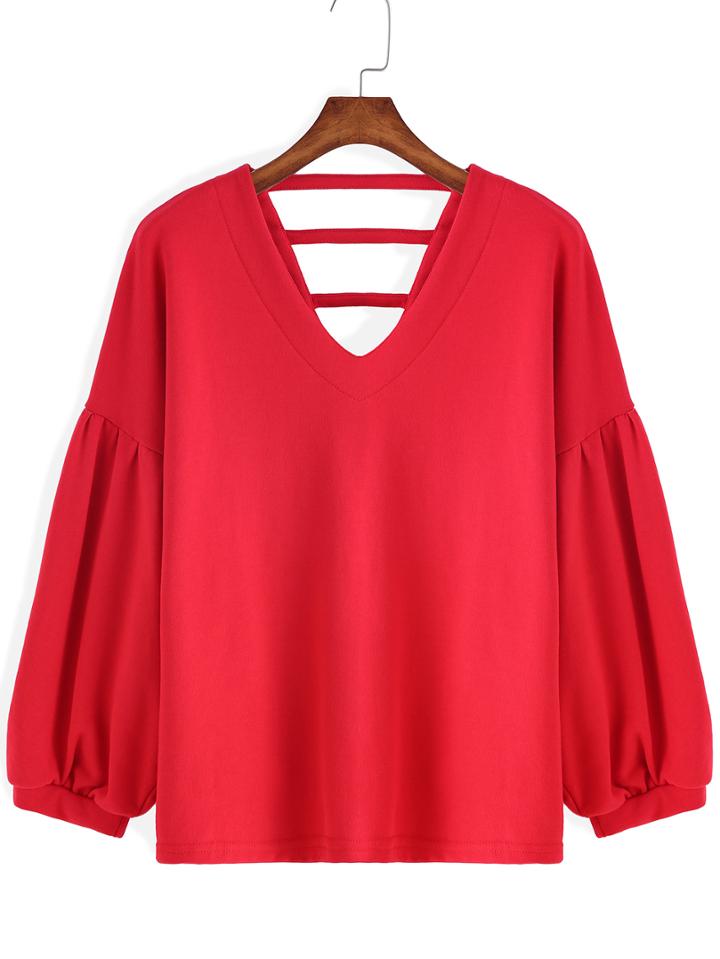 Romwe V Neck Puff Sleeve T-shirt