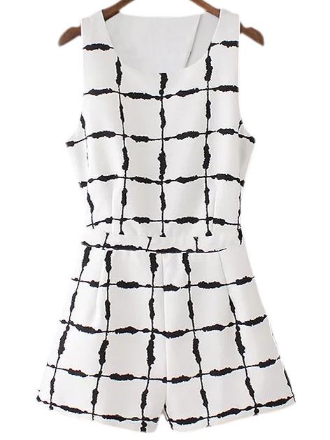 Romwe Black White Sleeveless Cross Back Ink Plaids Romper