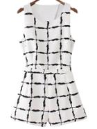 Romwe Black White Sleeveless Cross Back Ink Plaids Romper