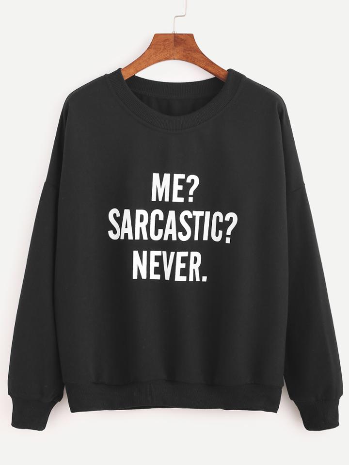 Romwe Black Drop Shoulder Letters Print Sweatshirt
