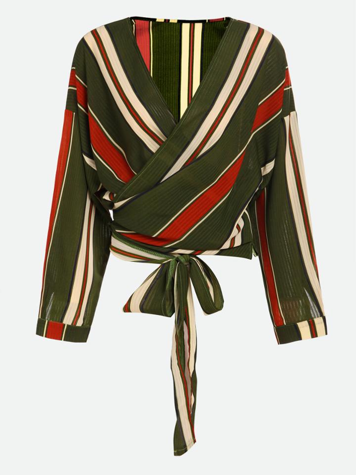 Romwe Striped Self Tie Surplice Top