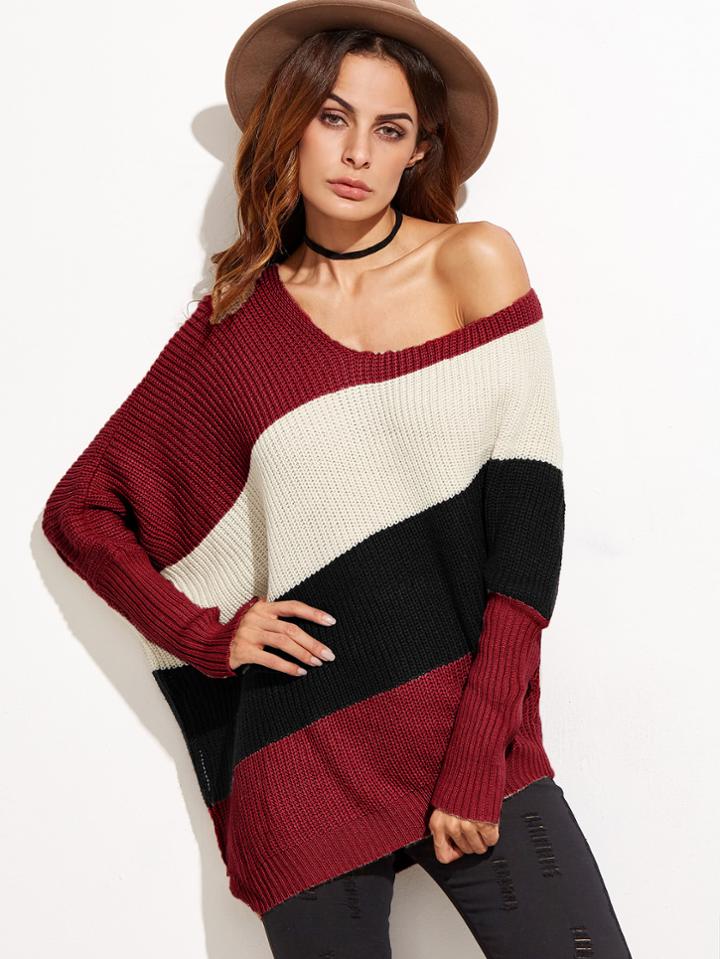 Romwe Color Block Dolman Sleeve Asymmetric Jumper