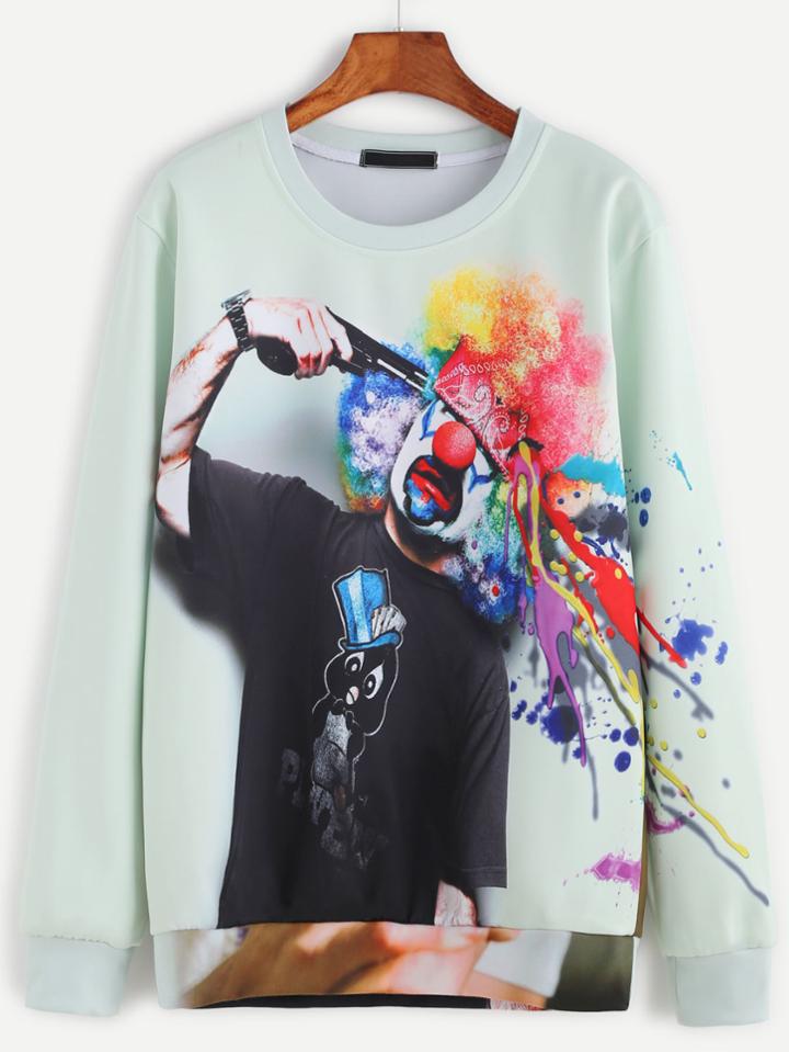Romwe Pale Green Clown Print Sweatshirt