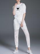 Romwe White Cat Applique Pouf Lace Top With Pockets Pants