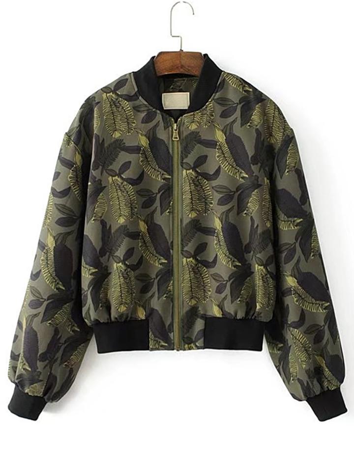 Romwe Leaves Print Baseball Jacket