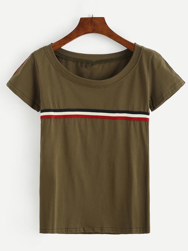 Romwe Striped Tape Embellished T-shirt - Olive Green