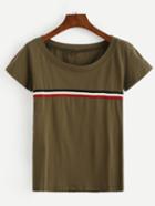 Romwe Striped Tape Embellished T-shirt - Olive Green