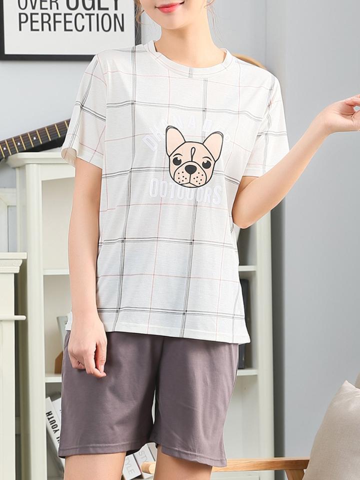 Romwe Dog Print Checked Tee & Shorts Pj Set
