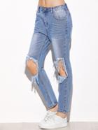 Romwe Blue Bleached Pocket Distressed Jeans