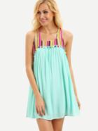 Romwe Mint Green Sleeveless Pom Pom Trim Shift Dress