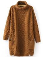 Romwe Khaki Turtleneck Pocket Side Slit Cable Knit Sweater Dress