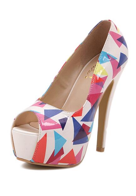 Romwe White Triangle Print High Heeled Peep Toe Pumps