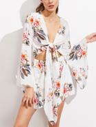 Romwe Floral Print Cut Out Knotted Front Romper