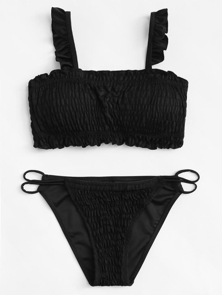 Romwe Shirred Ruffle Bikini Set