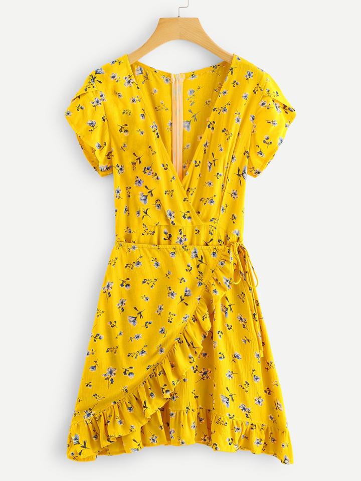 Romwe Floral Wrap Frill Trim Zipper Dress