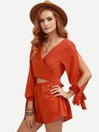 Romwe Orange Cross Wrap Slit Tie Sleeve Romper