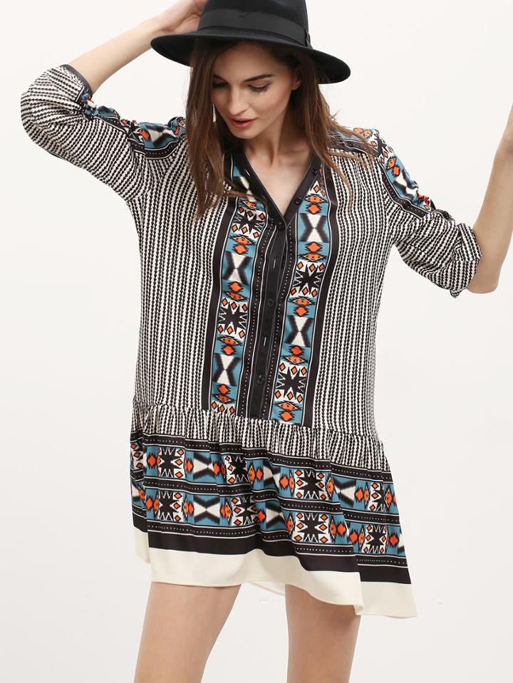 Romwe Vintage Print 3/4 Sleeve Dress