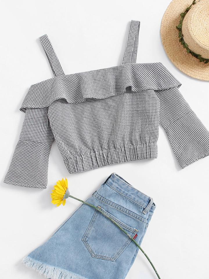 Romwe Open Shoulder Layered Checked Top