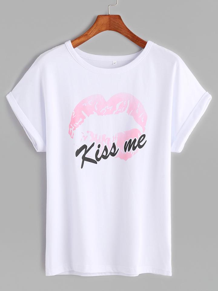 Romwe White Kiss Print Cuffed T-shirt