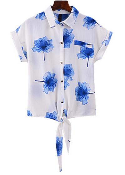 Romwe Lapel Florals Knotted Blue Blouse