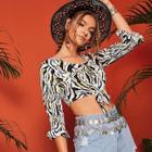 Romwe Animal Print Knot Front Smocked Sleeve Crop Blouse