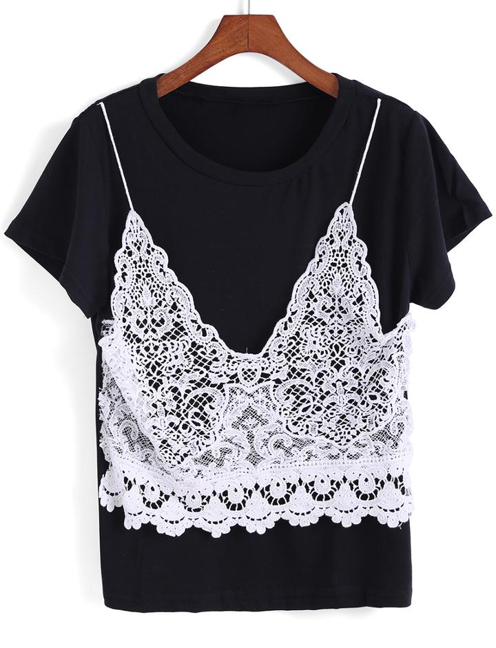 Romwe Lace Insert Embroidered Black T-shirt