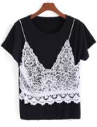 Romwe Lace Insert Embroidered Black T-shirt