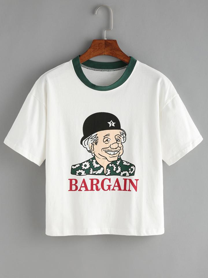 Romwe Contrast Collar Cartoon Print T-shirt