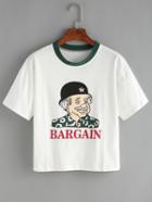 Romwe Contrast Collar Cartoon Print T-shirt