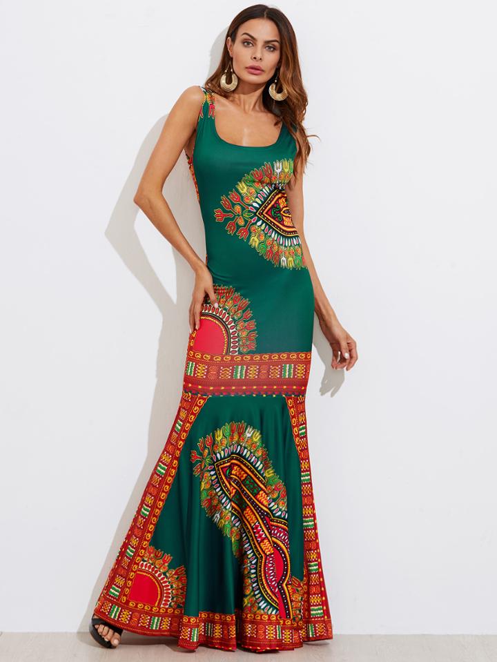 Romwe Ornate Print Fishtail Tank Dress