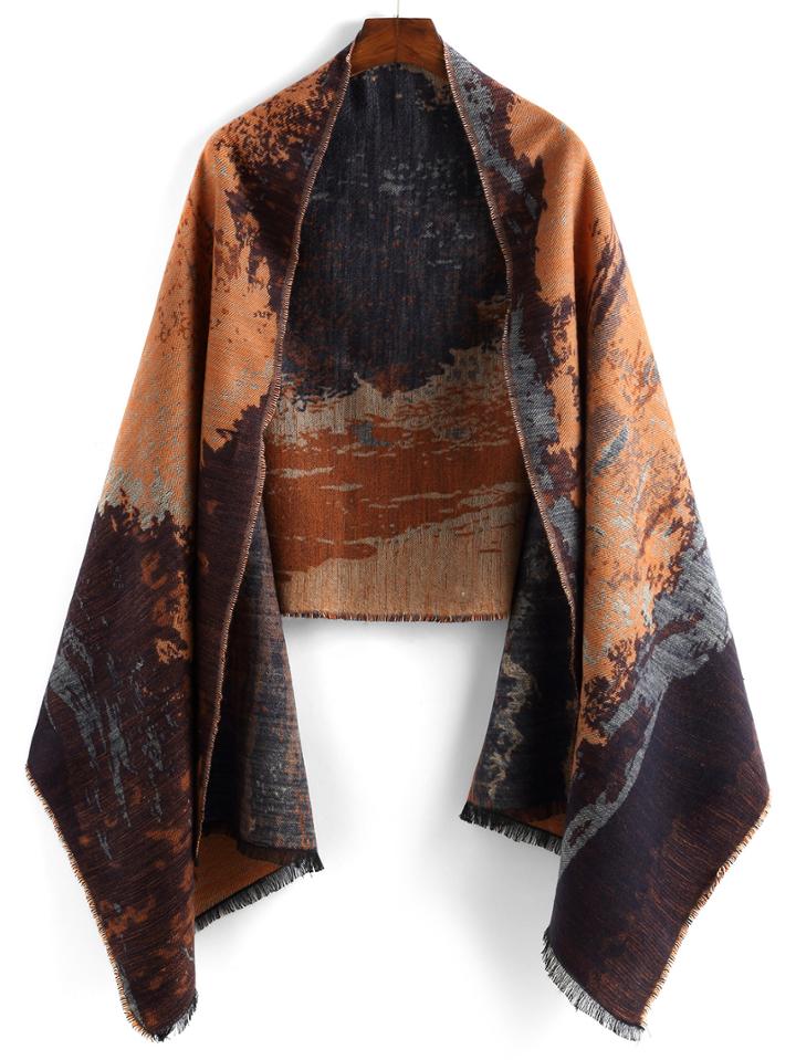 Romwe Ink Print Fringe Brown Scarf