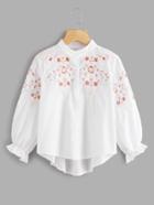 Romwe Embroidery Balloon Sleeve High Low Shirt