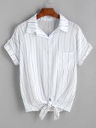 Romwe White Striped Tie Front Cuffed Shirt With Pocket