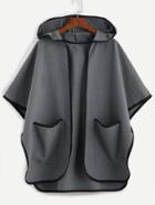 Romwe Grey Contrast Binding Open Front Hooded Poncho Coat