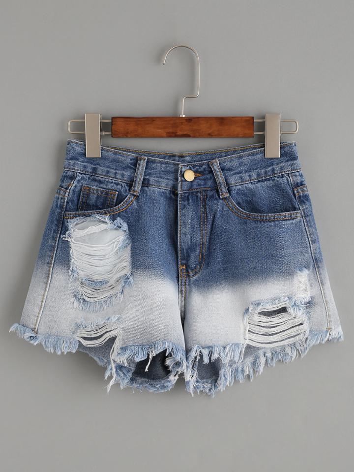 Romwe Blue Ombre Ripped Tassel Trim Denim Shorts