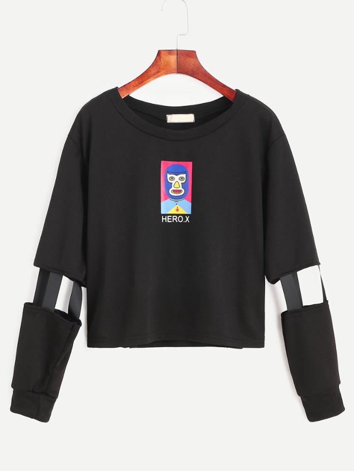Romwe Black Cartoon Print Cut Out Sleeve Sweatshirt