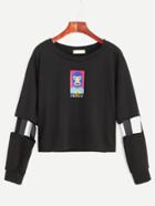 Romwe Black Cartoon Print Cut Out Sleeve Sweatshirt