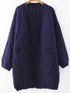 Romwe Navy Blue Open Front Cable Knit Sweater Coat With Pocket