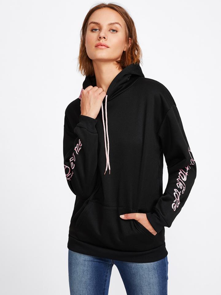 Romwe Slogan & Flower Embroidered Hoodie